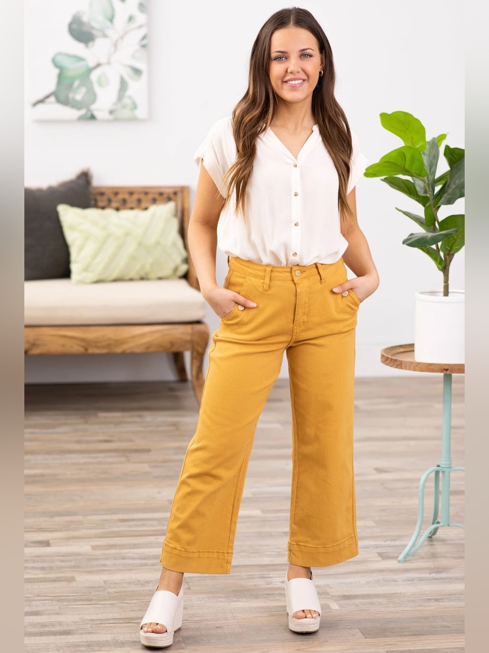 Judy Blue Mustard Cropped Wide Leg Pants